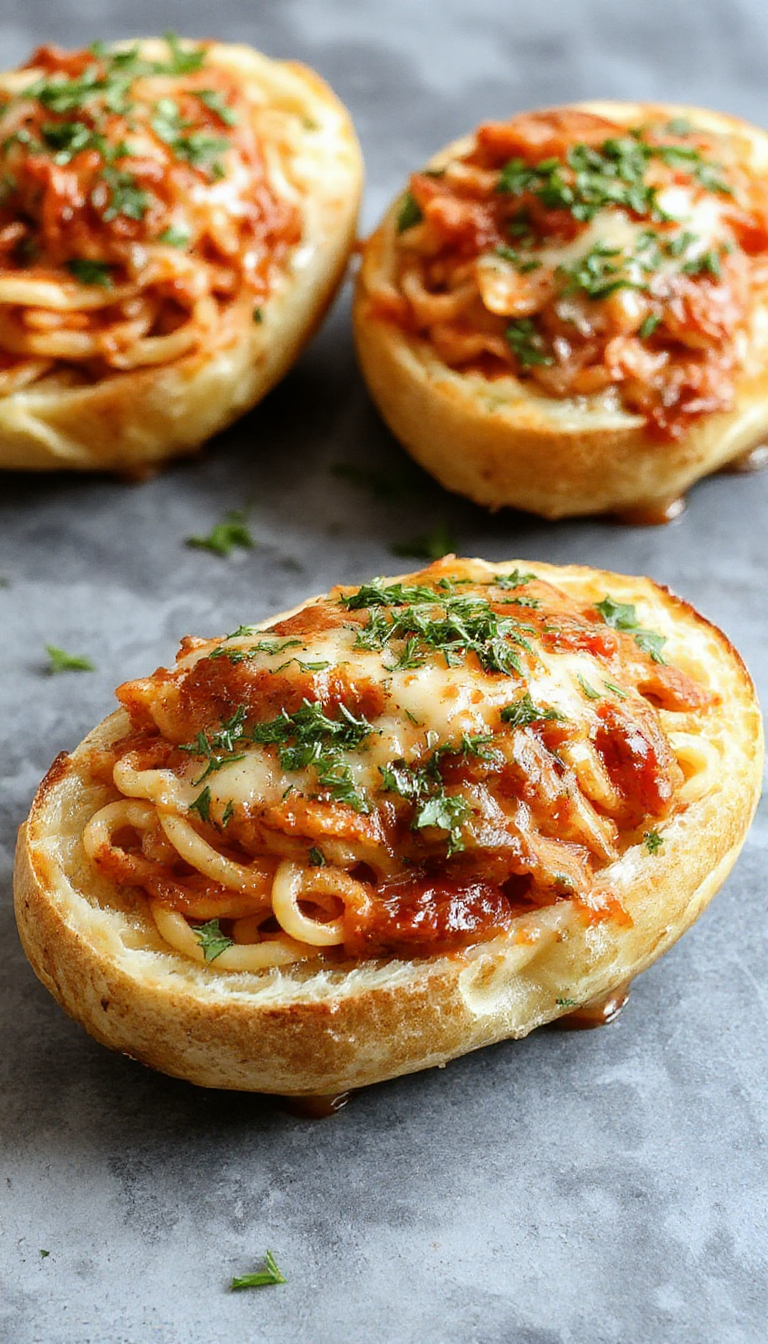 A plate of spaghetti served in edible garlic bread boat shells, garnished with herbs and grated cheese, alongside crispy garlic bread slices.