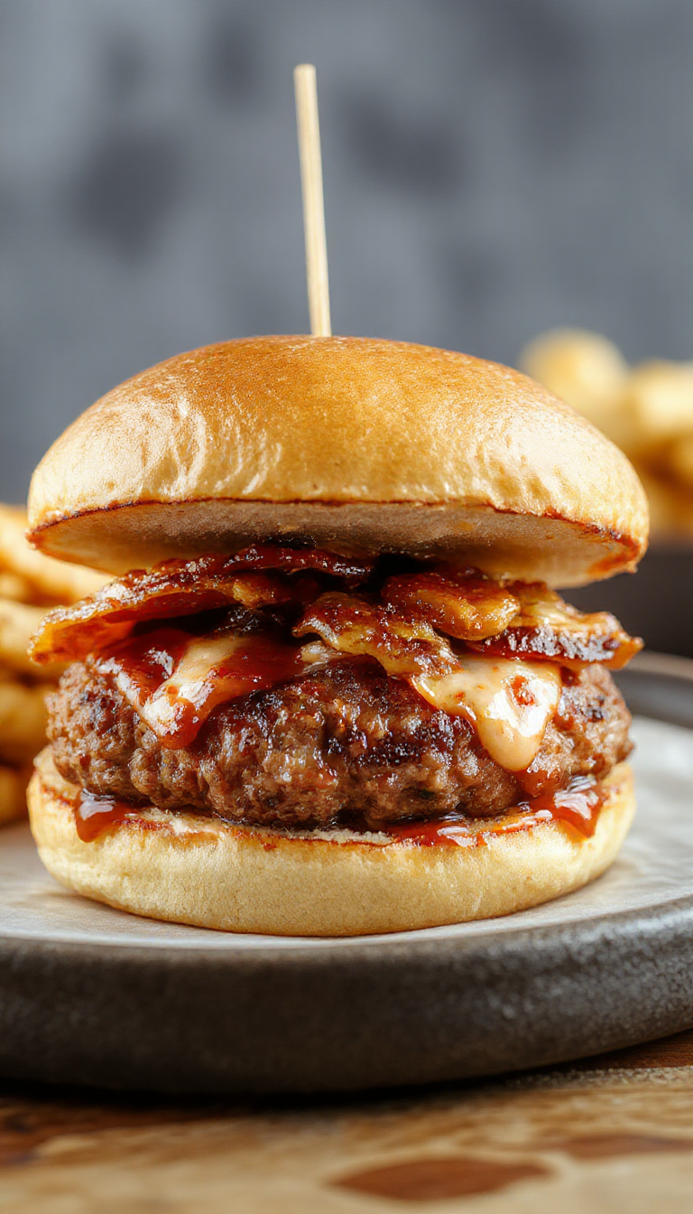 A delicious plate featuring juicy meatball sliders topped with crispy bacon, melted cheese, and a drizzle of bourbon barbecue sauce.