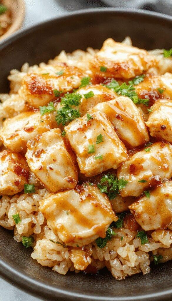 A plate of tender chicken glazed with honey mustard sauce, served alongside fluffy rice and fresh vegetables, perfect for a quick weeknight dinner.