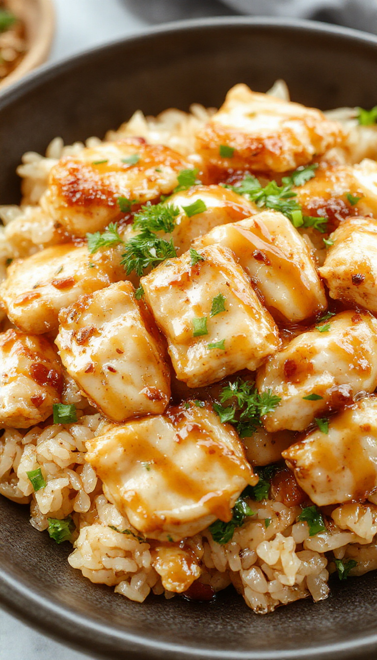 A plate of tender chicken glazed with honey mustard sauce, served alongside fluffy rice and fresh vegetables, perfect for a quick weeknight dinner.