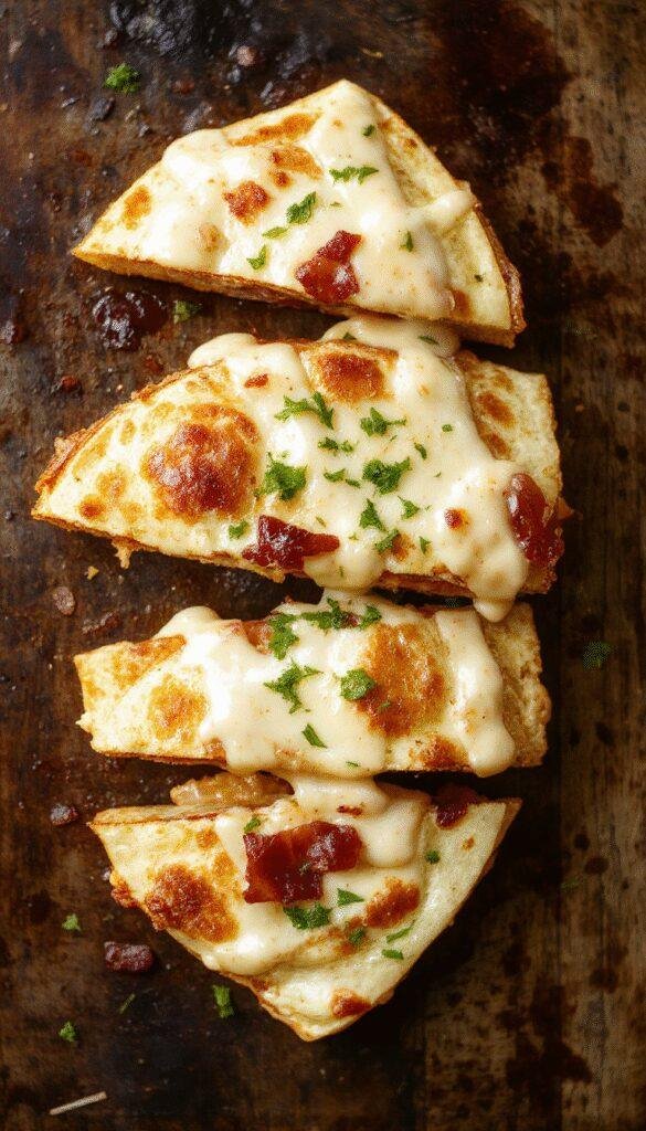 A plate of crispy ranch chicken and bacon quesadillas sliced into wedges, served with fresh salsa and sour cream on a wooden table.