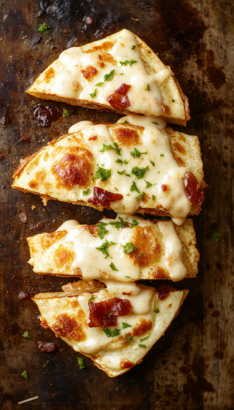 A plate of crispy ranch chicken and bacon quesadillas sliced into wedges, served with fresh salsa and sour cream on a wooden table.