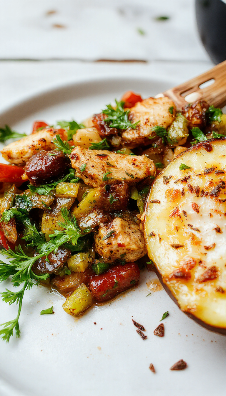 A colorful skillet with cooked ground turkey, vibrant red and green peppers, and melted cheese, served hot in a rustic pan.