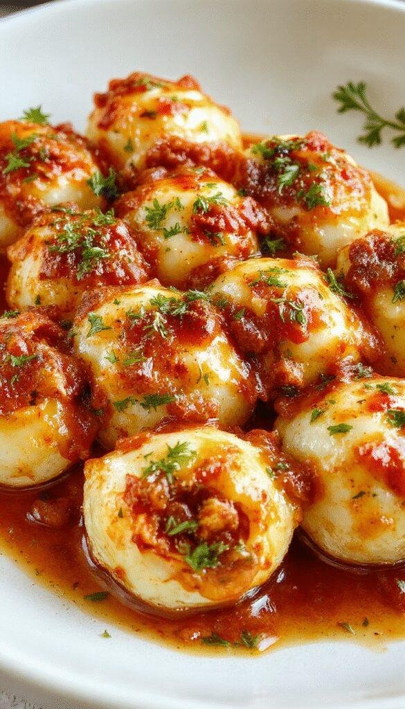 A plate of stuffed pasta shells filled with creamy ricotta cheese and seasoned beef, topped with melted mozzarella and fresh herbs.