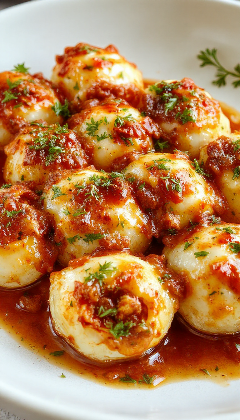 A plate of stuffed pasta shells filled with creamy ricotta cheese and seasoned beef, topped with melted mozzarella and fresh herbs.