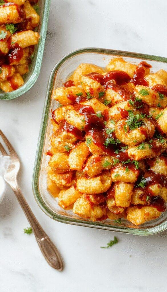 A plate of Sweet & Smoky Honey BBQ Chicken Mac & Cheese with garnished herbs and a side of fresh vegetables