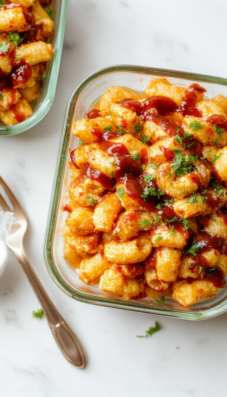 A plate of Sweet & Smoky Honey BBQ Chicken Mac & Cheese with garnished herbs and a side of fresh vegetables
