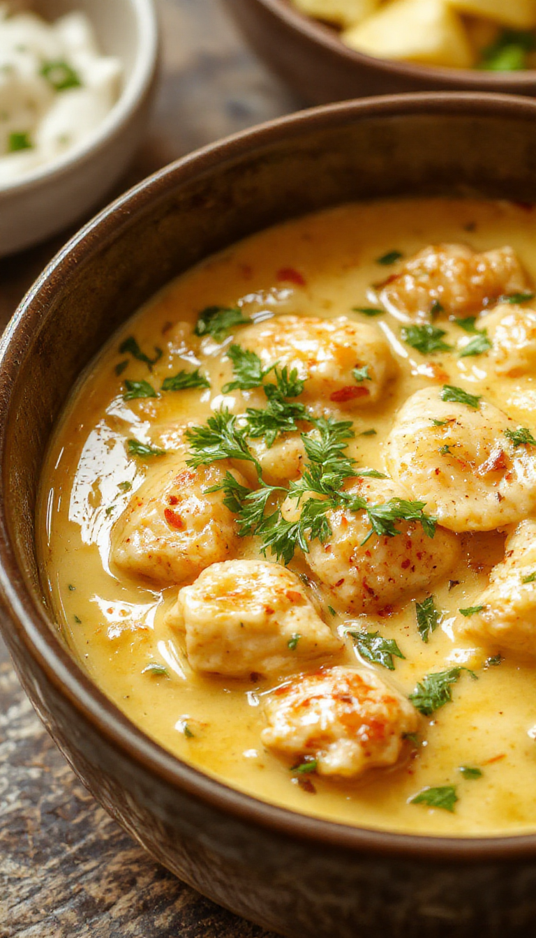 A vibrant plate of homemade butter chicken with creamy sauce, served with naan and garnished with fresh herbs.