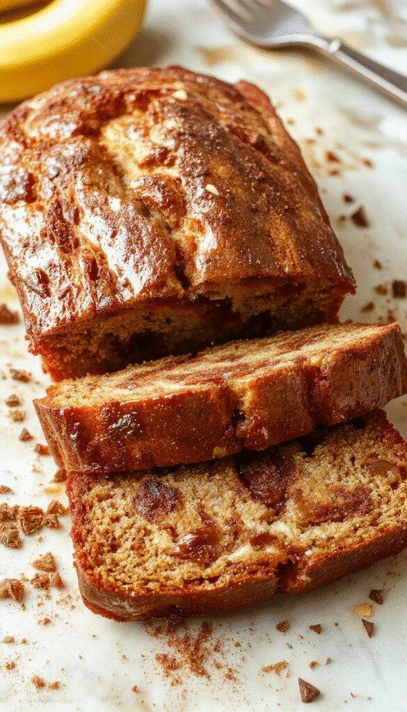 A delicious swirled cinnamon banana bread loaf with visible cinnamon swirls and a golden-brown crust, placed on a wooden cutting board.