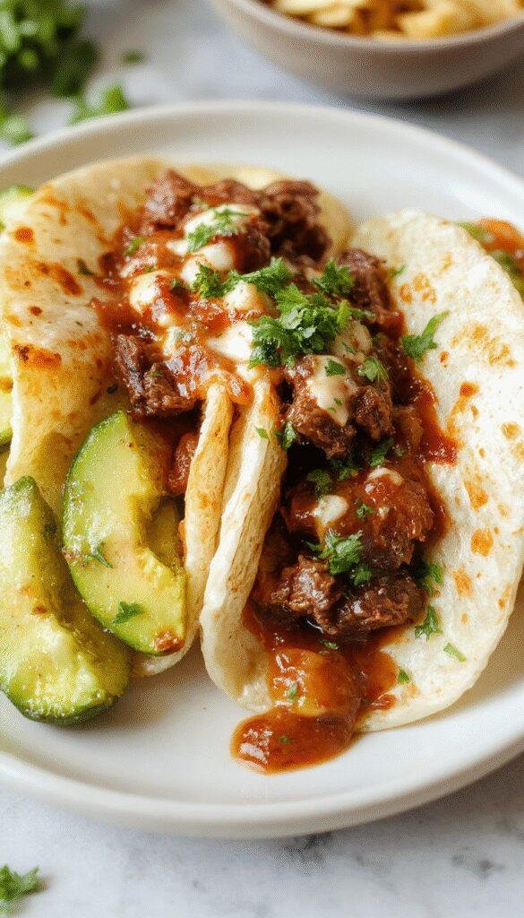 A plate of beef birria tacos garnished with fresh cilantro and lime wedges, showcasing juicy meat and crispy tortillas.