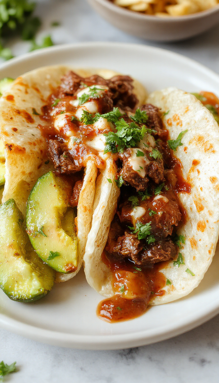 A plate of beef birria tacos garnished with fresh cilantro and lime wedges, showcasing juicy meat and crispy tortillas.