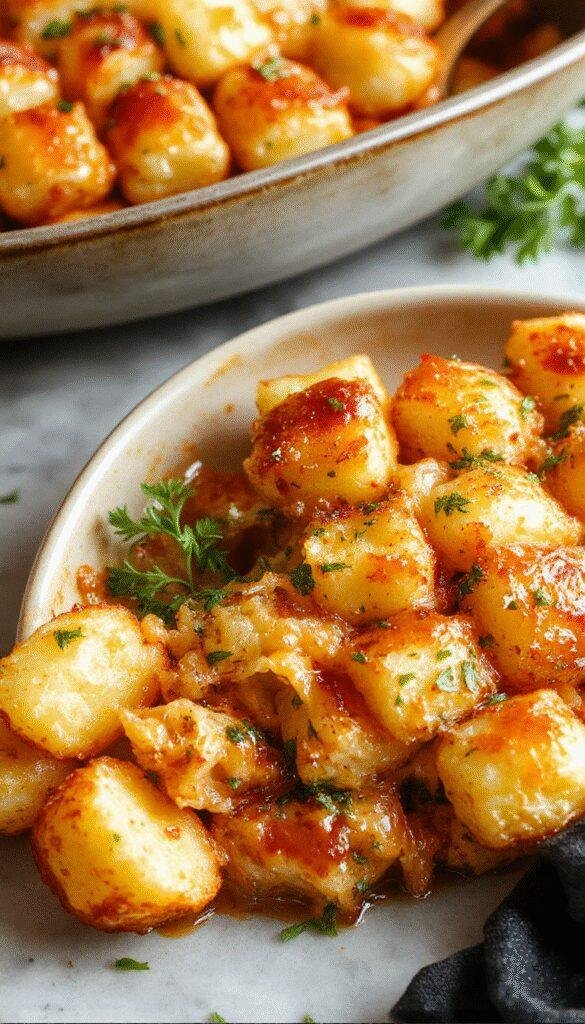 A hearty casserole dish topped with crispy golden Tater Tots, melted cheese, and fresh herbs, served in a large baking dish.