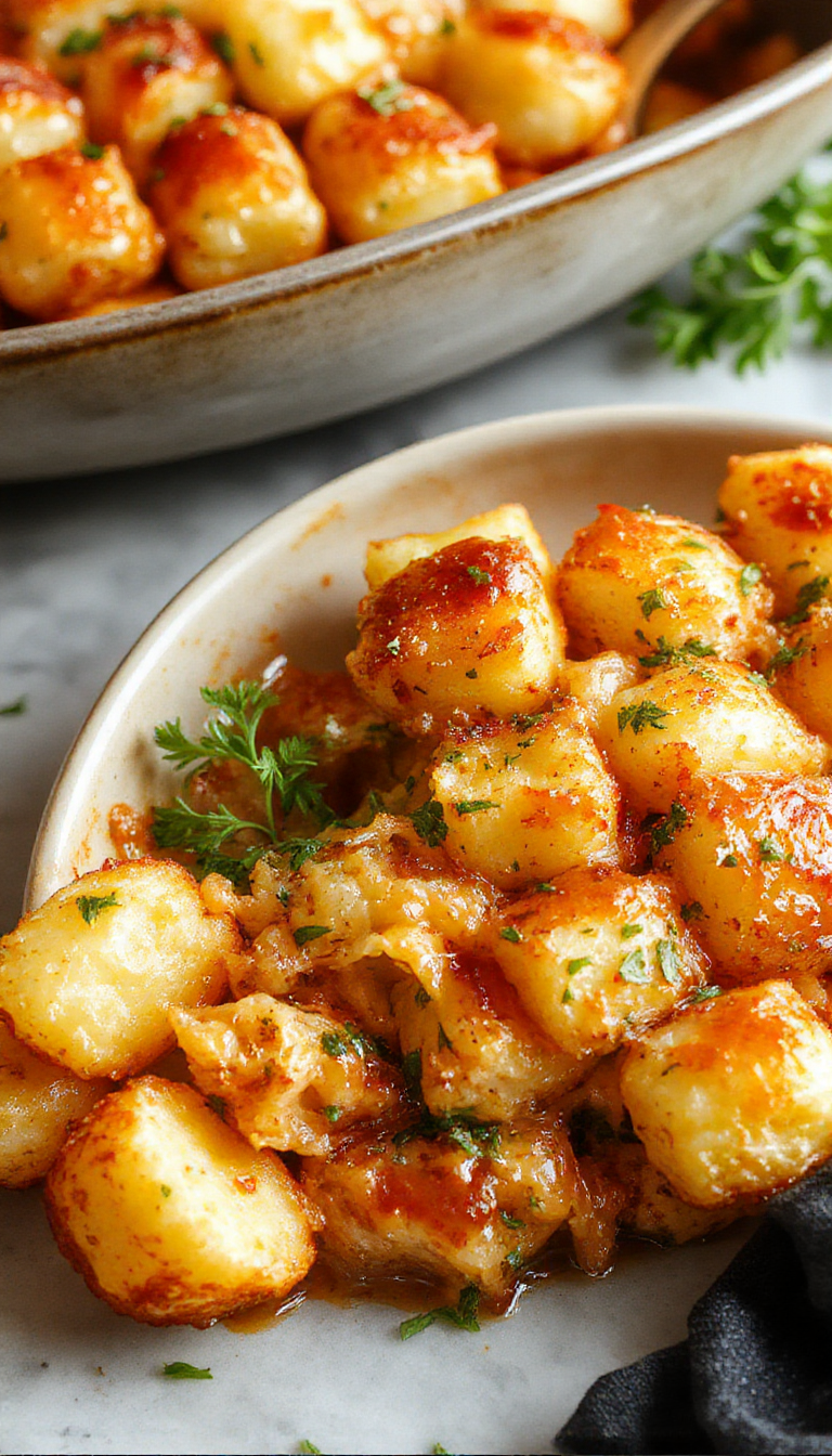 A hearty casserole dish topped with crispy golden Tater Tots, melted cheese, and fresh herbs, served in a large baking dish.