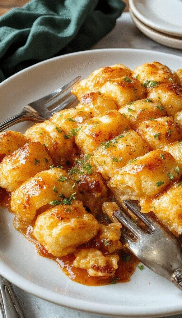 A hearty Tater Tot Bake layered with melted cheese, crispy Tater Tots on top, and garnished with fresh herbs in a baking dish.