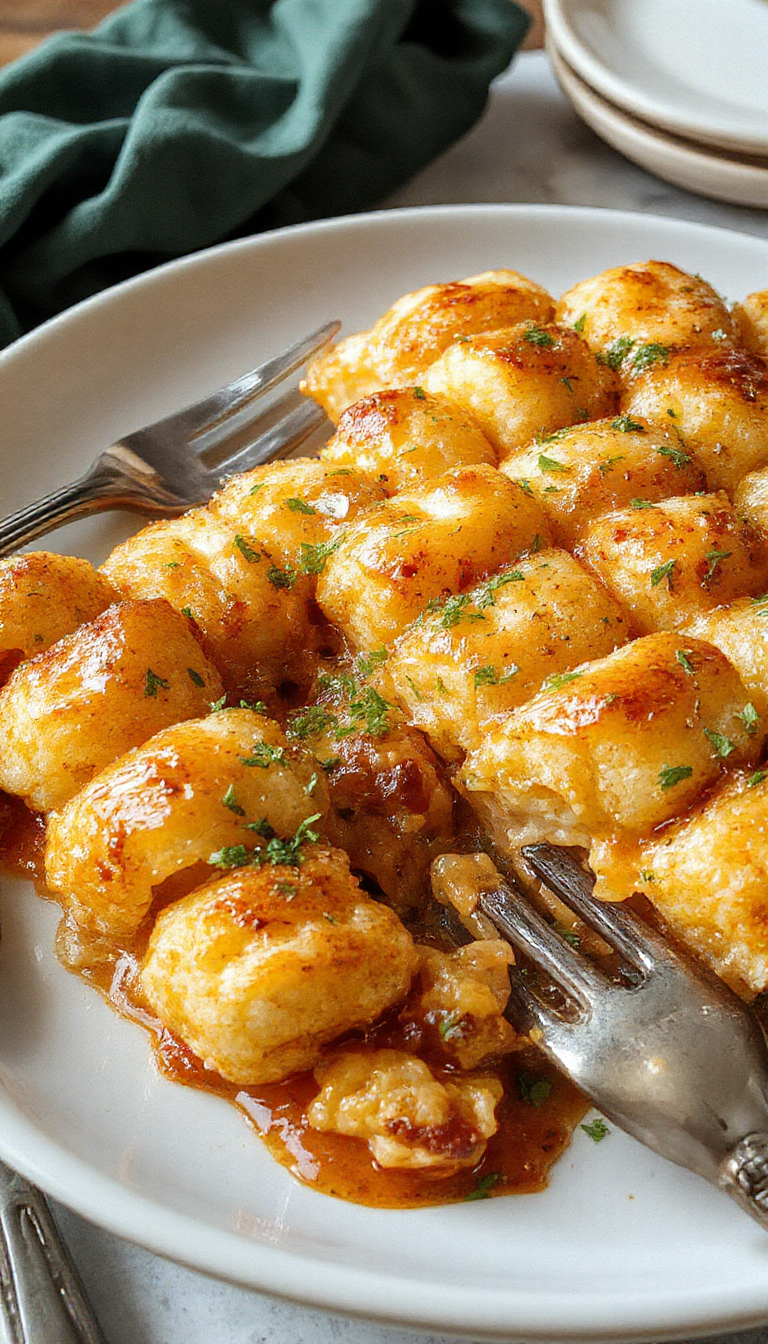 A hearty Tater Tot Bake layered with melted cheese, crispy Tater Tots on top, and garnished with fresh herbs in a baking dish.