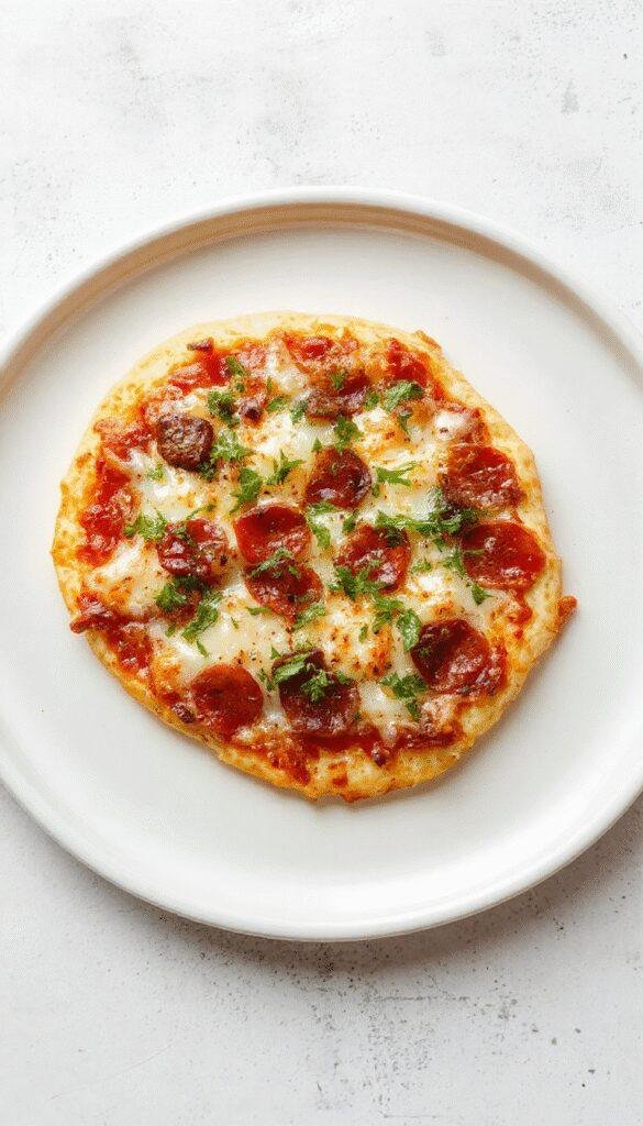 A slice of crustless pizza topped with melted cheese, colorful vegetables, and pepperoni on a white plate.