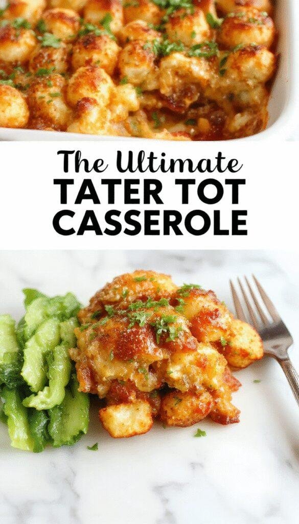 A delicious Tater Tot Casserole served in a baking dish, topped with crispy golden Tater Tots and melted cheese, with fresh herbs garnishing the top.