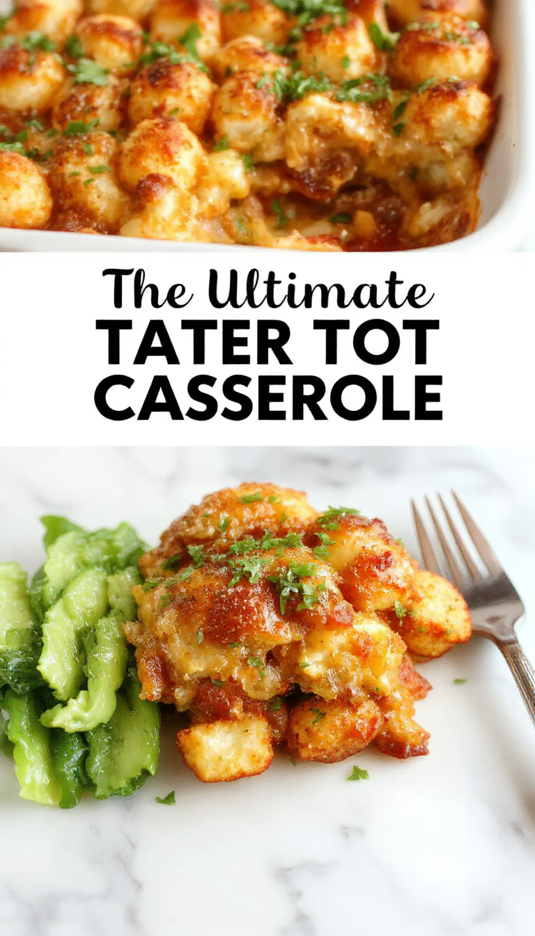 A delicious Tater Tot Casserole served in a baking dish, topped with crispy golden Tater Tots and melted cheese, with fresh herbs garnishing the top.