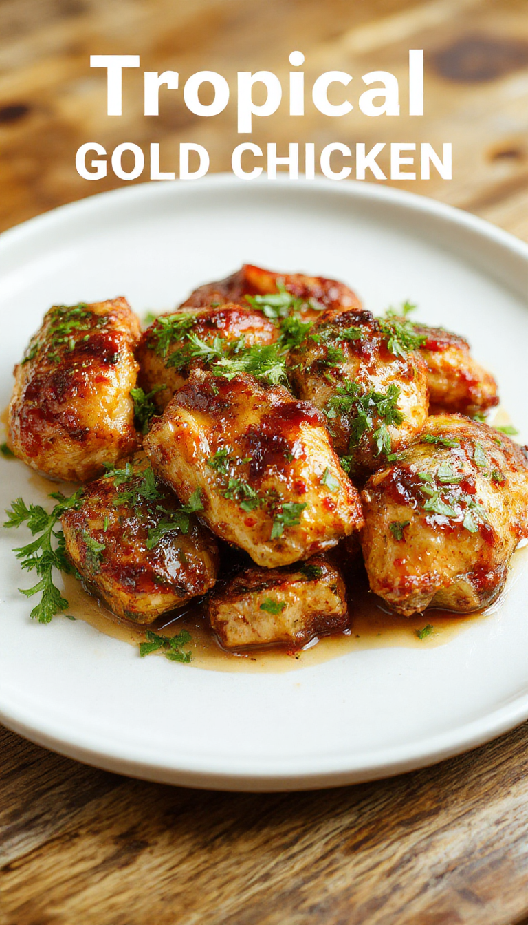 A vibrant plate of Tropical Gold Chicken featuring golden-brown chicken pieces glazed with tropical fruits and colorful garnishes.