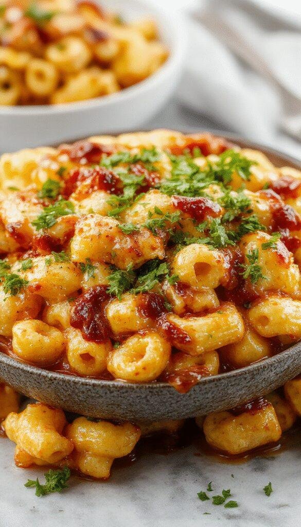 A close-up of creamy macaroni and cheese topped with shredded BBQ chicken, garnished with fresh herbs and served in a rustic bowl.