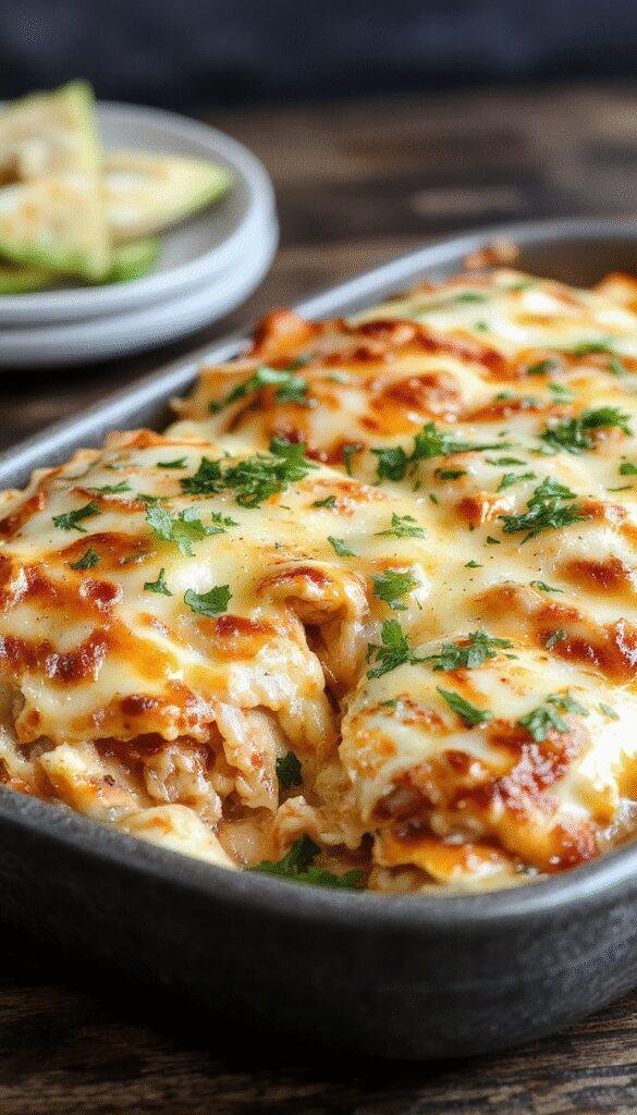 A delicious baked chicken burrito dish topped with melted cheese, fresh cilantro, and sliced jalapenos on a baking tray.