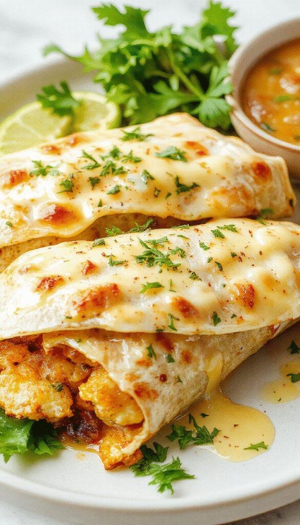 A close-up of cheesy garlic chicken wraps filled with melted cheese, crispy chicken, and fresh herbs, wrapped in warm tortillas.