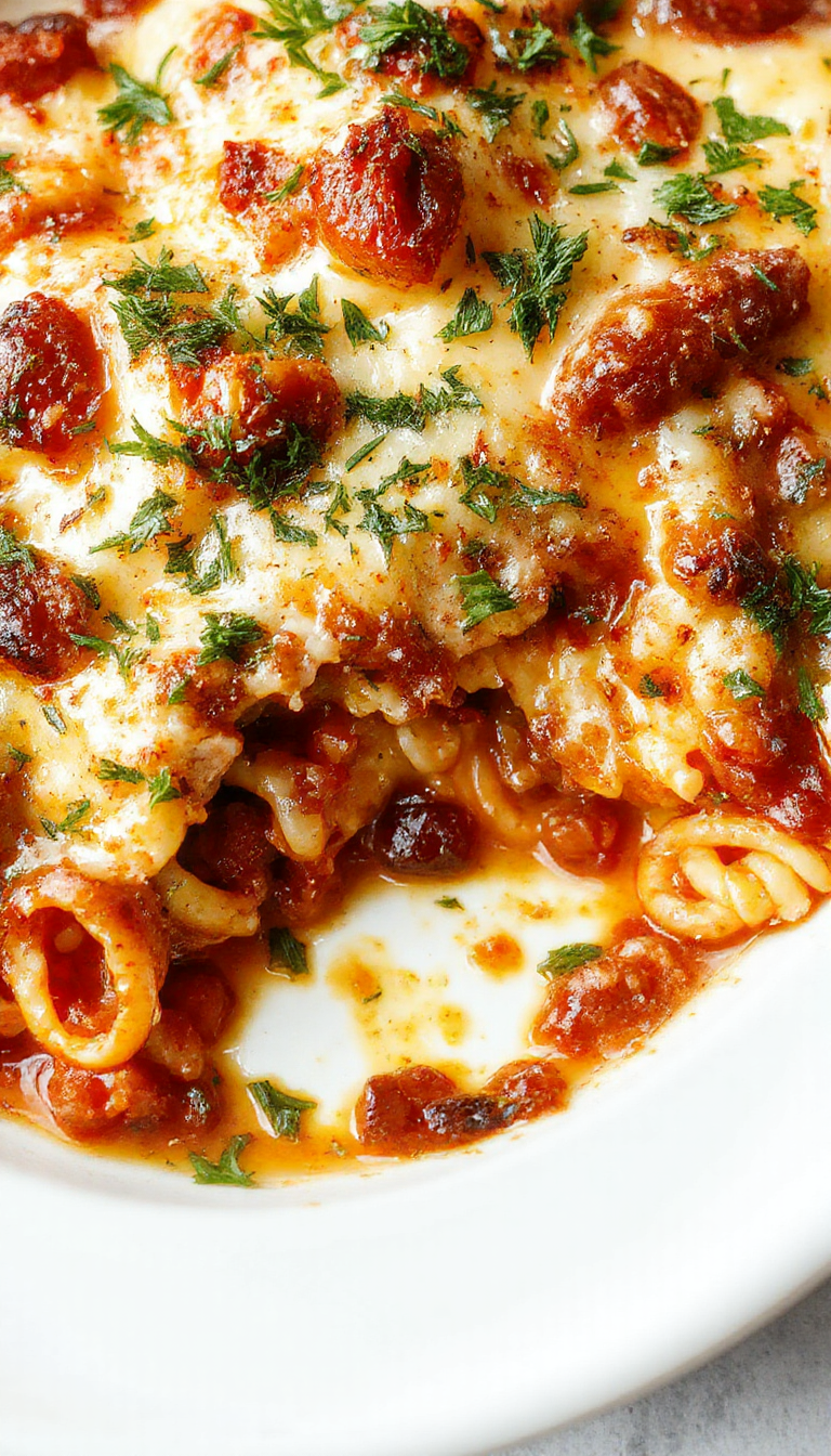A mouthwatering baked spaghetti casserole with a rich tomato sauce, melted cheese on top, and garnished with fresh herbs in a baking dish.
