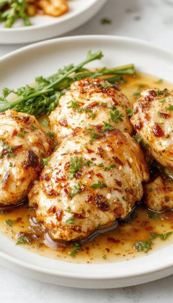 Succulent chicken breasts topped with creamy garlic Parmesan sauce, garnished with fresh herbs on a rustic plate.