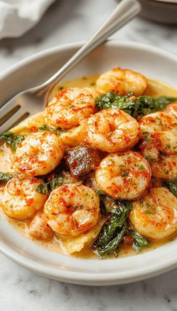 A plate of Velvety Shrimp & Spinach Tortellini featuring tender shrimp, fresh spinach, and creamy sauce arranged beautifully on a white dish.