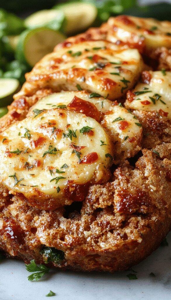 A freshly sliced zucchini loaf on a rustic wooden board, showcasing moist crumb and golden crust, garnished with a sprig of parsley.