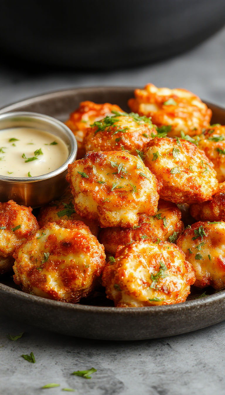 Crispy air-fried buffalo cauliflower bites served on a white plate, garnished with chopped parsley and a side of blue cheese dressing, perfect for game day.