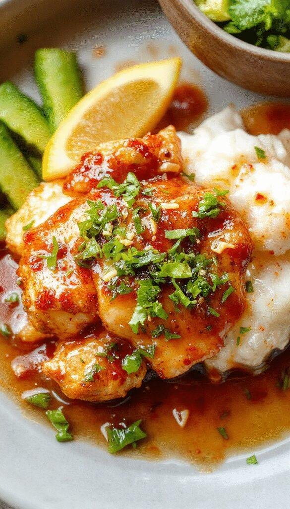 A plate of Zesty Asian Sweet Chili Chicken garnished with fresh herbs and served with steamed rice, showcasing vibrant colors and glossy sauce.