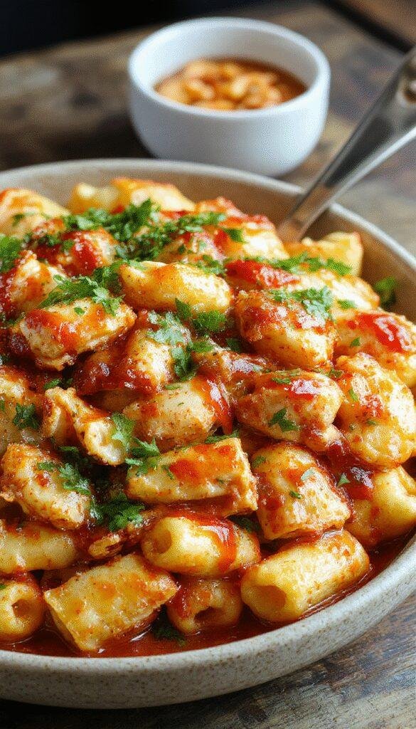 A creamy bowl of Zesty BBQ Chicken Mac & Cheese topped with fresh herbs and crispy chicken pieces, served on a rustic wooden table.