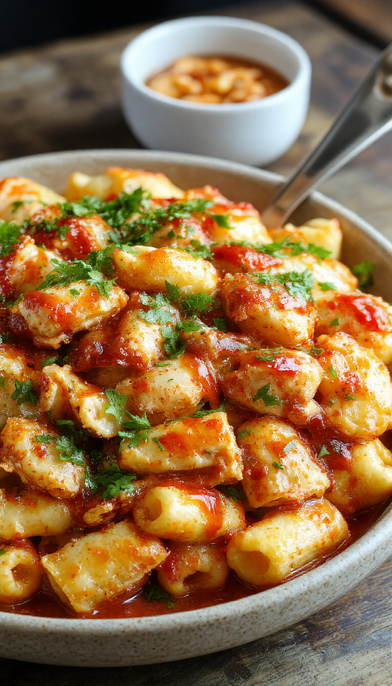 A creamy bowl of Zesty BBQ Chicken Mac & Cheese topped with fresh herbs and crispy chicken pieces, served on a rustic wooden table.