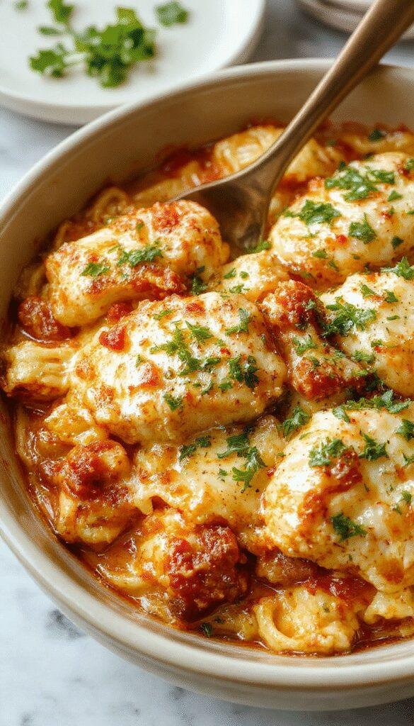 A hearty plate of Zesty Chicken Spaghetti Bake topped with cheese and fresh herbs, served steaming hot on a rustic plate.