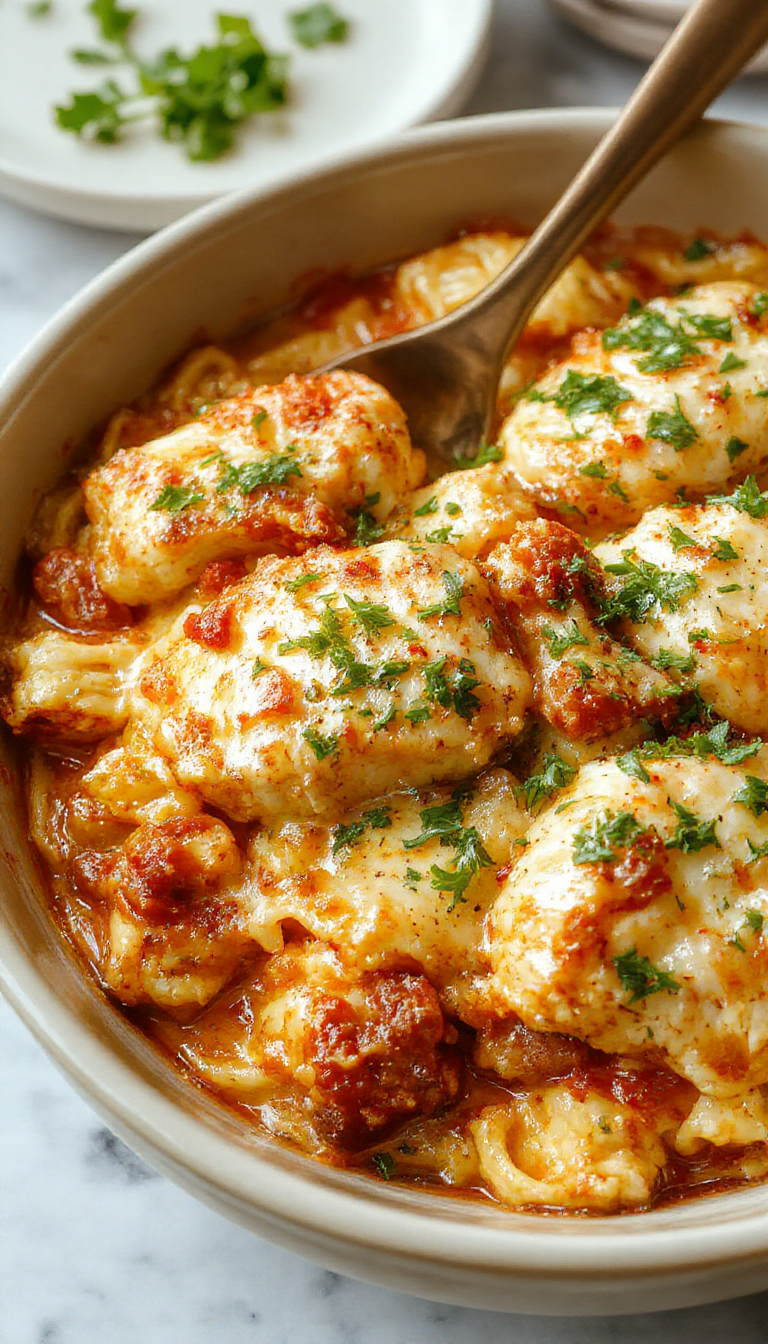 A hearty plate of Zesty Chicken Spaghetti Bake topped with cheese and fresh herbs, served steaming hot on a rustic plate.