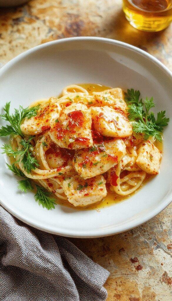 A vibrant plate of Zesty Honey Pepper Chicken Pasta garnished with fresh herbs, showcasing tender chicken, colorful peppers, and glossy pasta.