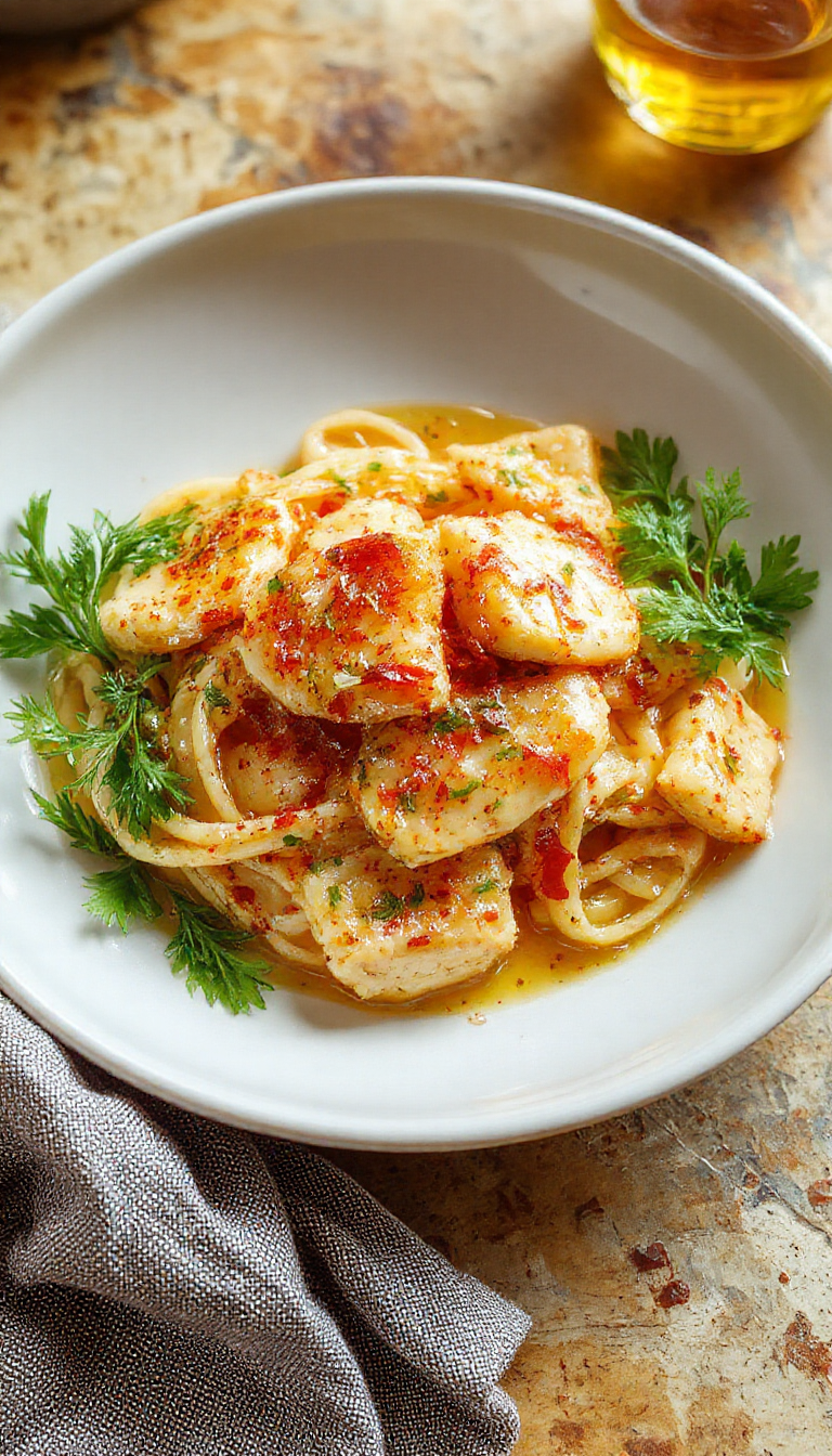 A vibrant plate of Zesty Honey Pepper Chicken Pasta garnished with fresh herbs, showcasing tender chicken, colorful peppers, and glossy pasta.