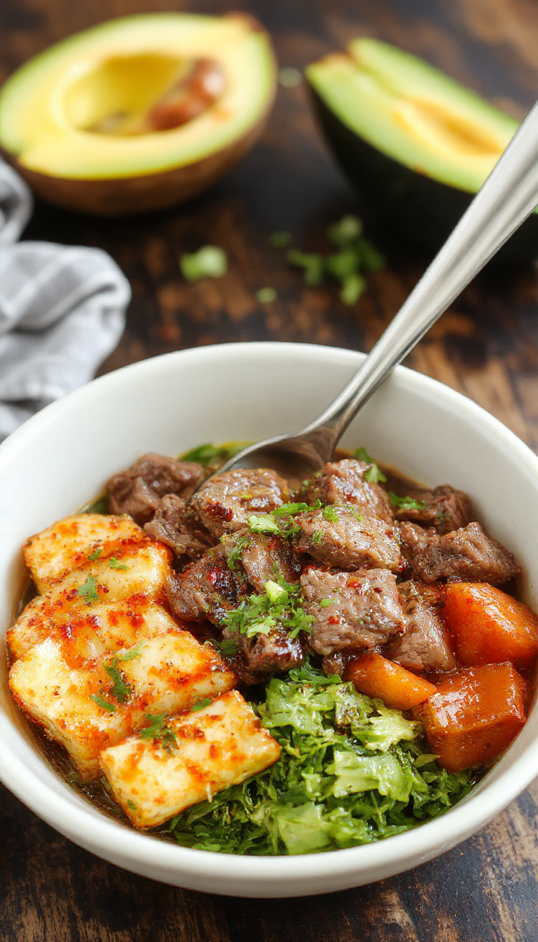 A vibrant bowl of Zesty Korean Beef featuring sliced beef, fresh vegetables, and a tangy glaze, garnished with green onions and sesame seeds.