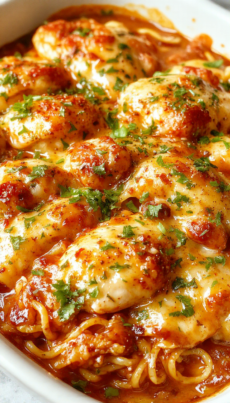 A delicious Zesty Southern Chicken Spaghetti Bake featuring golden baked spaghetti topped with melted cheese, colorful spices, and tender chicken pieces in a cozy casserole dish.
