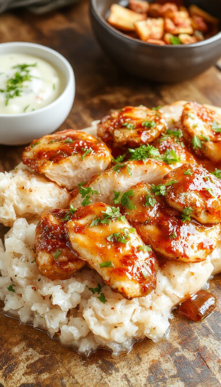 A plate of Zesty Sweet Chili Chicken garnished with fresh herbs, served alongside steamed vegetables and rice, showcasing vibrant colors and juicy texture.