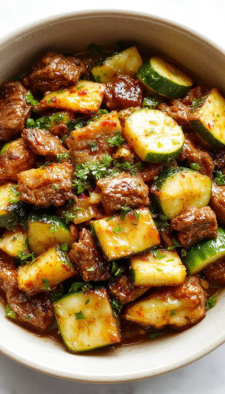 A colorful plate of Zesty Zucchini and Beef Stir-Fry featuring tender beef strips, vibrant zucchini slices, and a glossy savory sauce garnished with fresh herbs.