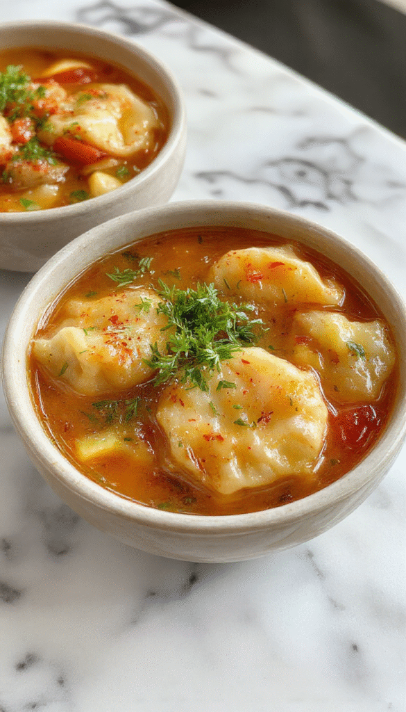 A vibrant bowl of Asian dumpling potsticker soup featuring golden-brown potstickers floating in a steaming, clear broth. The dish is garnished with chopped green onions, sesame seeds, and fresh cilantro, with steam gently rising. The bowl rests on a dark, textured surface, highlighting the colorful ingredients and inviting textures of the dumplings and herbs.