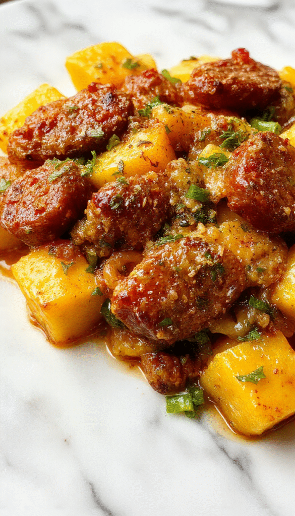 A vibrant plate of roasted squash stuffed with savory sausage and al dente pasta, garnished with fresh herbs and drizzled with a light sauce, bright orange and green colors contrast with the creamy pasta and crispy edges of the squash