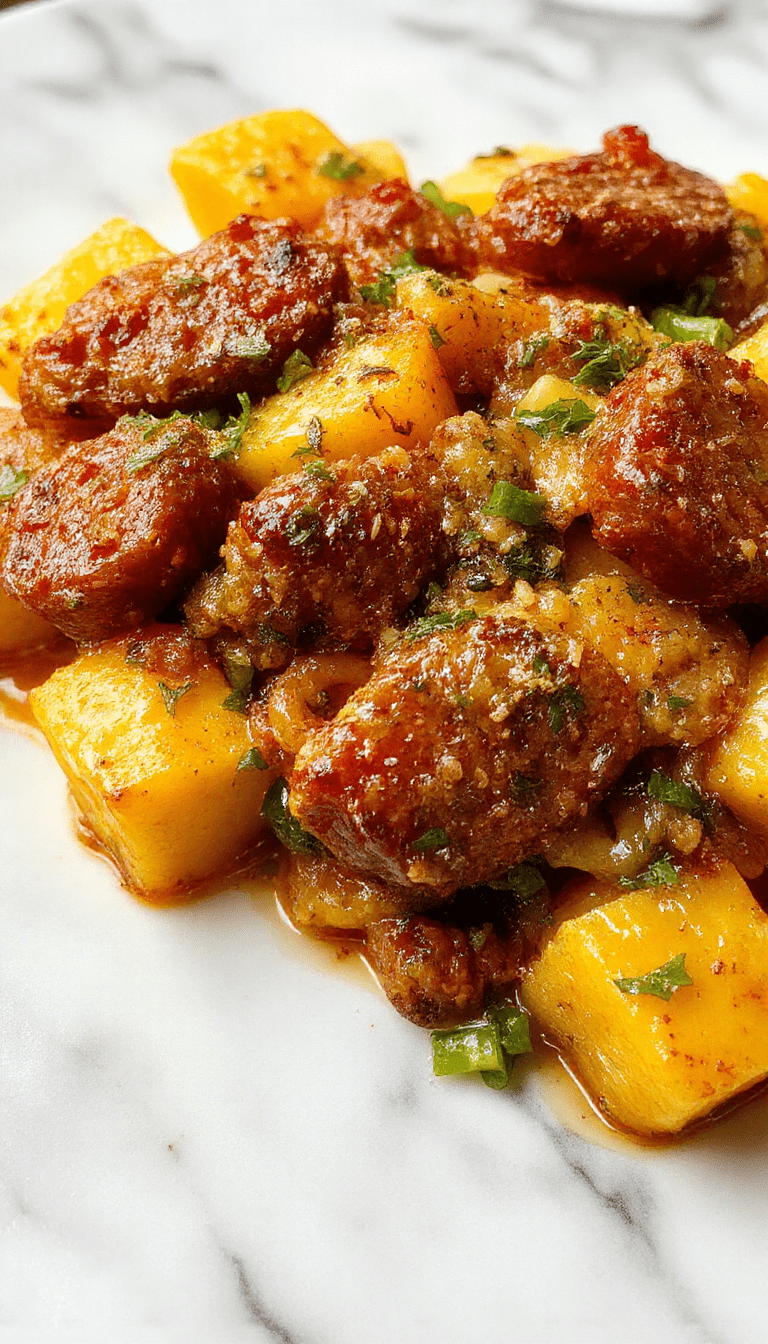 A vibrant plate of roasted squash stuffed with savory sausage and al dente pasta, garnished with fresh herbs and drizzled with a light sauce, bright orange and green colors contrast with the creamy pasta and crispy edges of the squash