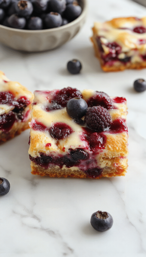 A close-up of vibrant blueberry cream cheese bars on a rustic wooden platter, showcasing a golden crust topped with swirls of creamy cheese and fresh blueberries, with powdered sugar lightly dusted and garnished with mint leaves.