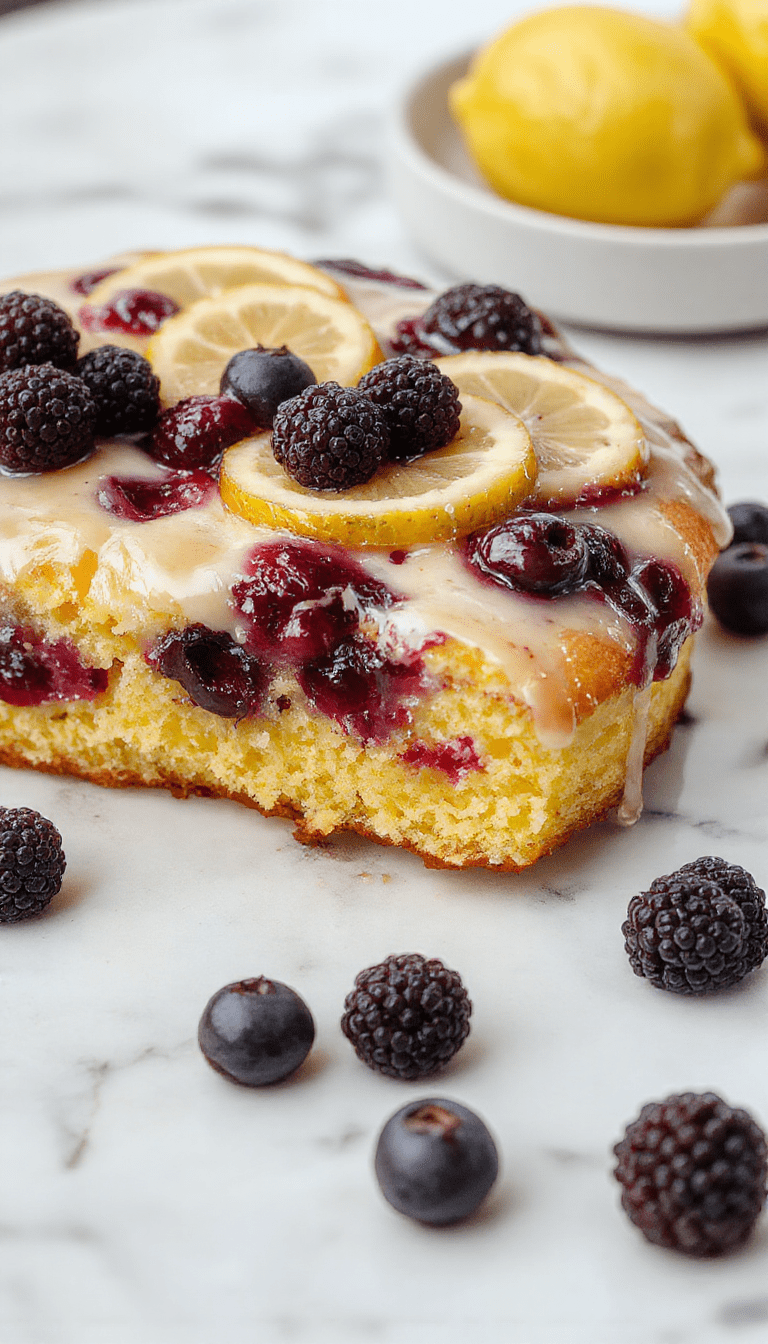A vibrant lemon blueberry cake on a white plate, decorated with fresh blueberries and lemon zest, with a light dusting of powdered sugar, showcasing a moist, fluffy crumb with rich blueberry swirls, styled with a sprig of mint on a rustic wooden table.