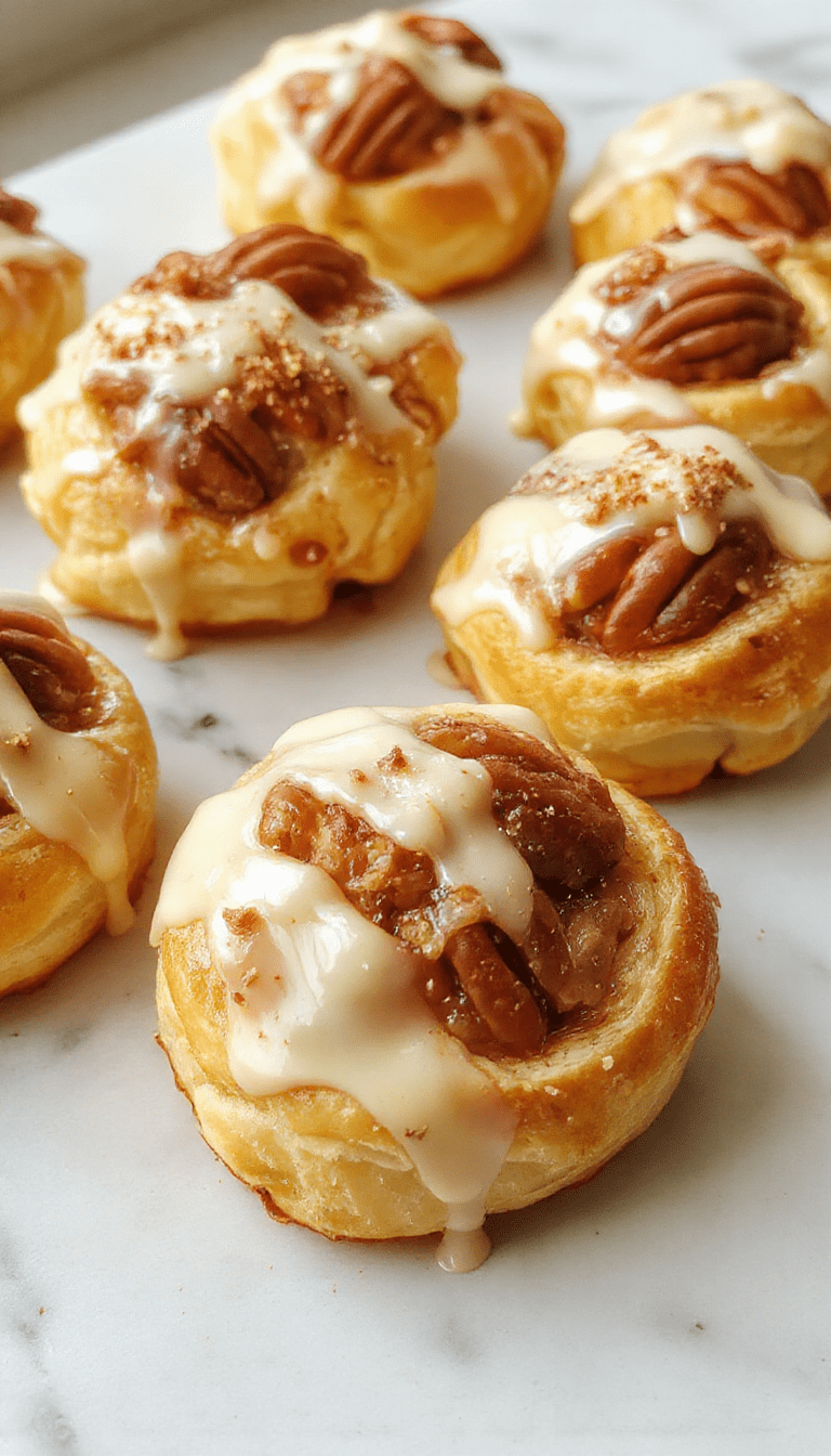 Golden-brown buttery crescent rolls stacked neatly on a white plate with a glossy pecan filling oozing slightly from one, garnished with chopped pecans and a drizzle of caramel, set on a rustic wooden table with soft natural light highlighting their flaky texture and nutty filling