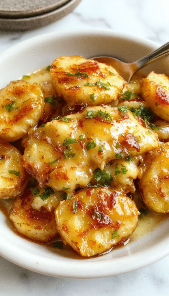 A golden baked casserole featuring caramelized onions melted with gooey cheese on top, served on a rustic ceramic plate. The dish showcases crispy edges, creamy interior, and a sprinkle of fresh herbs, with a background of wooden table setting and warm ambient lighting highlighting the textures and colors.