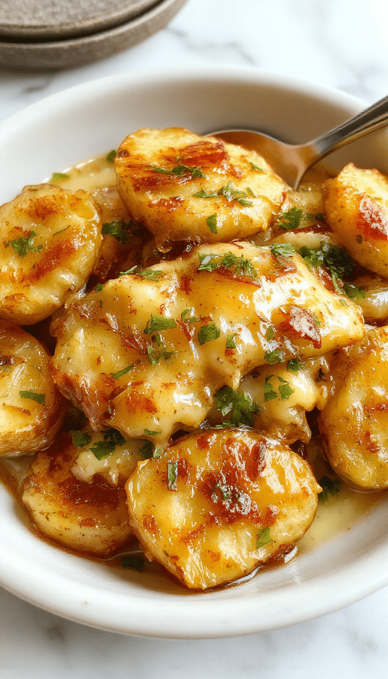 A golden baked casserole featuring caramelized onions melted with gooey cheese on top, served on a rustic ceramic plate. The dish showcases crispy edges, creamy interior, and a sprinkle of fresh herbs, with a background of wooden table setting and warm ambient lighting highlighting the textures and colors.